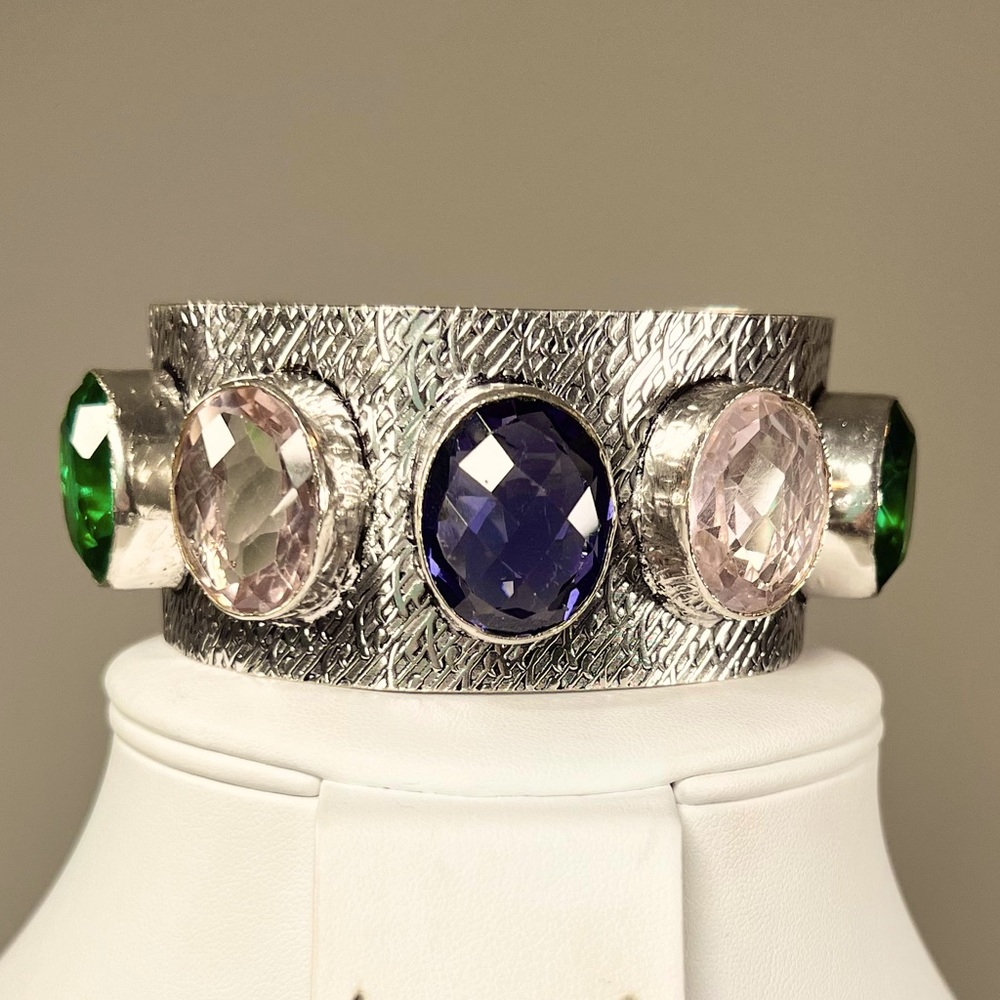 Statement 925 Faceted Amethyst Pink Topaz Green Quartz Large Bangle Bracelet